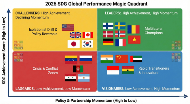 SDG Global Performance Magic Quadrant 2026 — plotting nations by SDG achievement score versus institutional momentum