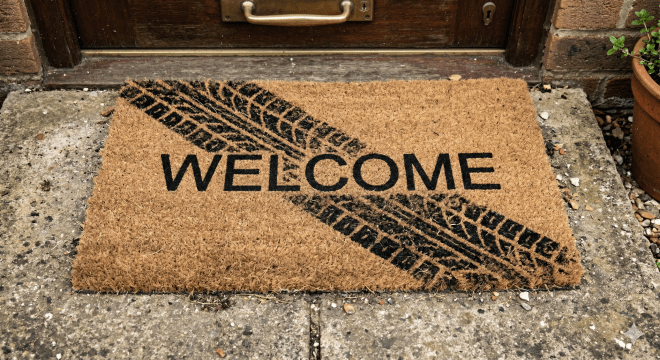 A welcome doormat with tire tracks crossing it — illustrating the Doorman Fallacy